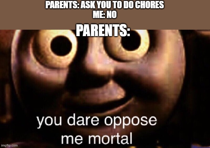 You dare oppose me mortal | PARENTS: ASK YOU TO DO CHORES
ME: NO; PARENTS: | image tagged in you dare oppose me mortal | made w/ Imgflip meme maker