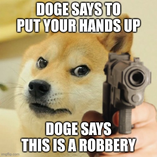 Doge holding a gun | DOGE SAYS TO PUT YOUR HANDS UP; DOGE SAYS THIS IS A ROBBERY | image tagged in doge holding a gun,dog,doge,funny | made w/ Imgflip meme maker