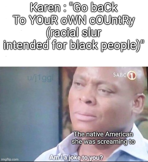 I know it's non-understandable | Karen : "Go baCk To YOuR oWN cOUntRy (racial slur intended for black people)"; The native American she was screaming to | image tagged in am i a joke to you | made w/ Imgflip meme maker