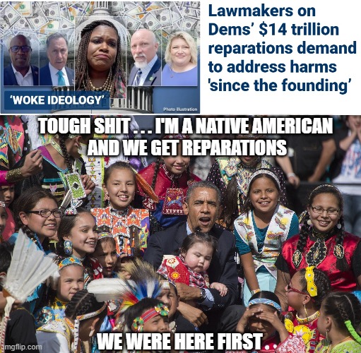 Native America: Here First | TOUGH SHIT . . . I'M A NATIVE AMERICAN
 AND WE GET REPARATIONS; WE WERE HERE FIRST | image tagged in democrats,liberals,leftists,reparations | made w/ Imgflip meme maker