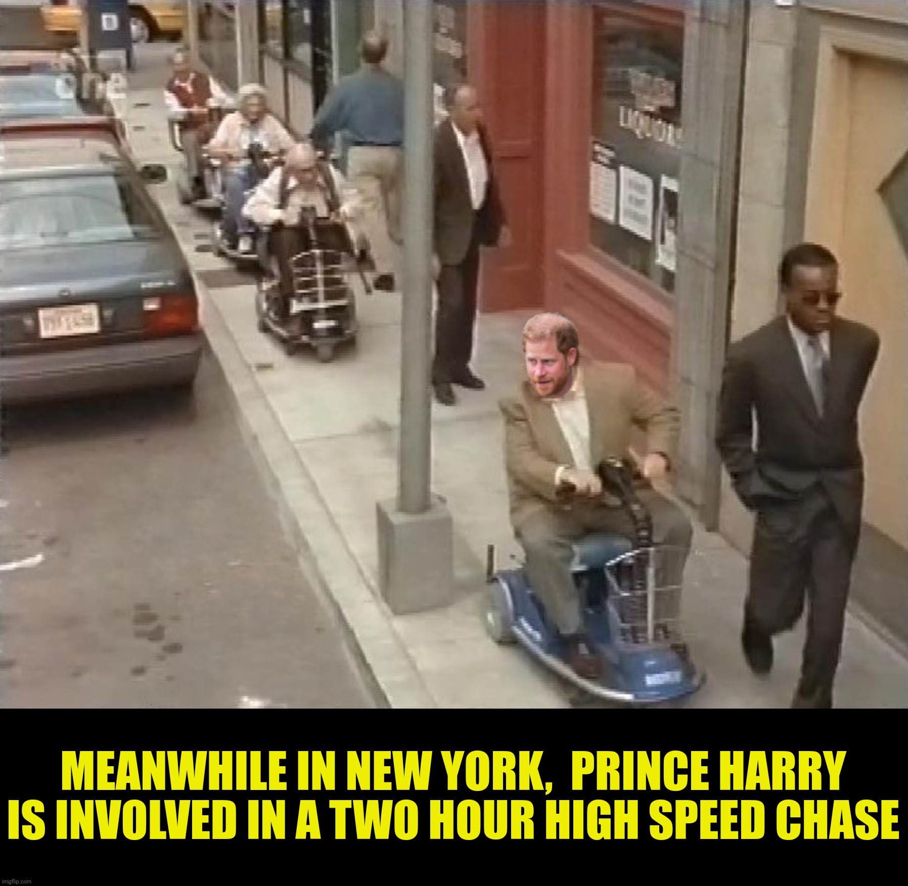 Harry Versus The Paparazzi | MEANWHILE IN NEW YORK,  PRINCE HARRY IS INVOLVED IN A TWO HOUR HIGH SPEED CHASE | image tagged in bad photoshop,prince harry,seinfeld,paparazzi,george costanza | made w/ Imgflip meme maker