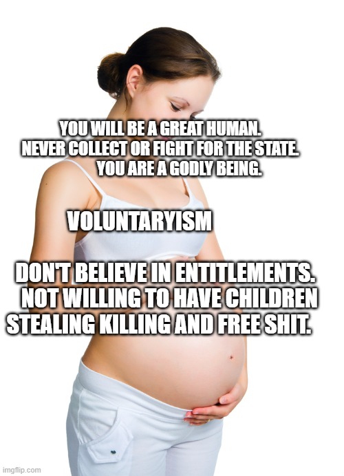 Pregnant woman | YOU WILL BE A GREAT HUMAN. NEVER COLLECT OR FIGHT FOR THE STATE.             YOU ARE A GODLY BEING. VOLUNTARYISM                                           DON'T BELIEVE IN ENTITLEMENTS.    NOT WILLING TO HAVE CHILDREN STEALING KILLING AND FREE SHIT. | image tagged in pregnant woman | made w/ Imgflip meme maker