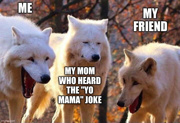 yo mama | ME; MY FRIEND; MY MOM WHO HEARD THE "YO MAMA" JOKE | image tagged in laughing wolf | made w/ Imgflip meme maker