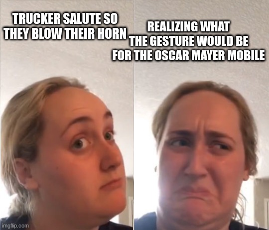 Oh no! | REALIZING WHAT THE GESTURE WOULD BE FOR THE OSCAR MAYER MOBILE; TRUCKER SALUTE SO THEY BLOW THEIR HORN | image tagged in inverted kombucha girl,traffic,highway | made w/ Imgflip meme maker