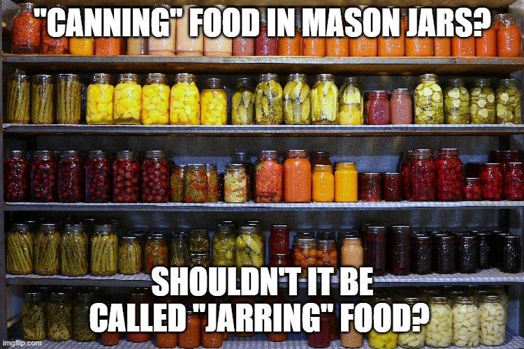 Canning No Jarring | "CANNING" FOOD IN MASON JARS? SHOULDN'T IT BE CALLED "JARRING" FOOD? | image tagged in humor | made w/ Imgflip meme maker