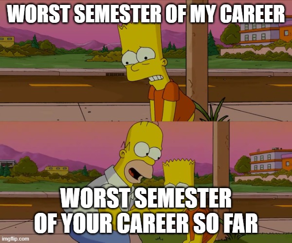 Worst day of my life | WORST SEMESTER OF MY CAREER; WORST SEMESTER OF YOUR CAREER SO FAR | image tagged in worst day of my life | made w/ Imgflip meme maker