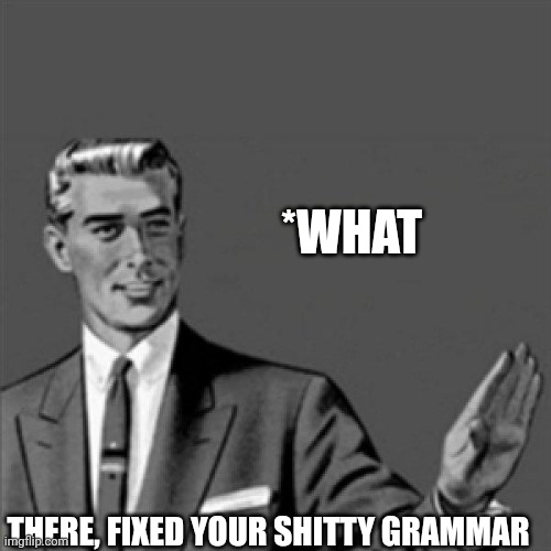 Correction guy | *WHAT THERE, FIXED YOUR SHITTY GRAMMAR | image tagged in correction guy | made w/ Imgflip meme maker