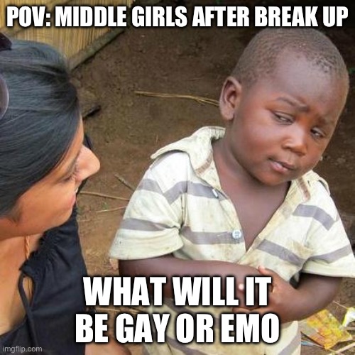 hello | POV: MIDDLE GIRLS AFTER BREAK UP; WHAT WILL IT BE GAY OR EMO | image tagged in memes,third world skeptical kid | made w/ Imgflip meme maker
