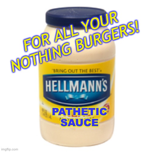 mayonnaise | FOR ALL YOUR NOTHING BURGERS! PATHETIC
SAUCE | image tagged in mayonnaise | made w/ Imgflip meme maker