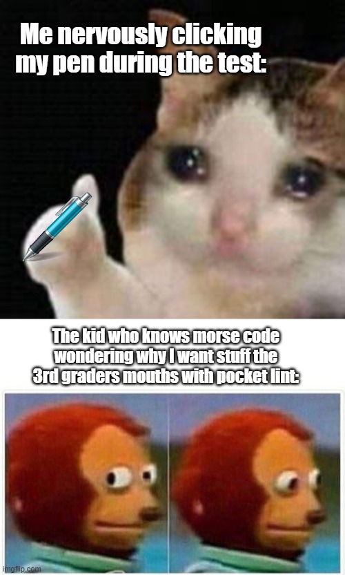 Hehe | Me nervously clicking my pen during the test:; The kid who knows morse code wondering why I want stuff the 3rd graders mouths with pocket lint: | image tagged in approved crying cat,memes,monkey puppet | made w/ Imgflip meme maker