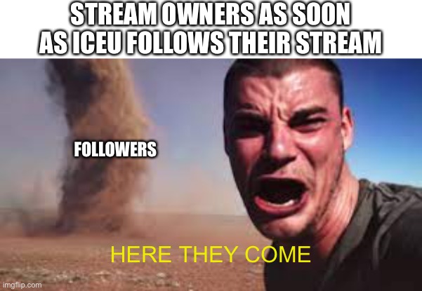 Here they come | STREAM OWNERS AS SOON AS ICEU FOLLOWS THEIR STREAM; FOLLOWERS; HERE THEY COME | image tagged in here they come,tornado guy,screaming,meme | made w/ Imgflip meme maker