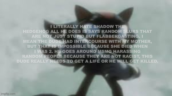 no title | I LITERALLY HATE SHADOW THE HEDGEHOG ALL HE DOES IS SAYS RANDOM SLURS THAT ARE NOT JUST STUPID BUT FLABBERGASTING. I MEAN THE DUDE HAD INTERCOURSE WITH MY MOTHER, BUT THAT IS IMPOSSIBLE BECAUSE SHE DIED WHEN I WAS 2. HE GOES AROUND MSMG HARASSING RANDOM PEOPLE BECAUSE THEY ARE NOT RACIST, THIS DUDE REALLY NEEDS TO GET A LIFE OR HE WILL GET KILLED. | image tagged in shadow the hedgehog with a gun | made w/ Imgflip meme maker