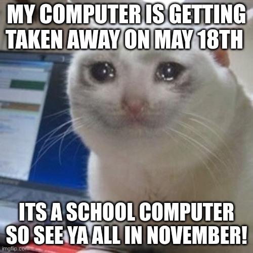 Byeeeee | MY COMPUTER IS GETTING TAKEN AWAY ON MAY 18TH; ITS A SCHOOL COMPUTER SO SEE YA ALL IN NOVEMBER! | image tagged in crying cat,bye y'all | made w/ Imgflip meme maker