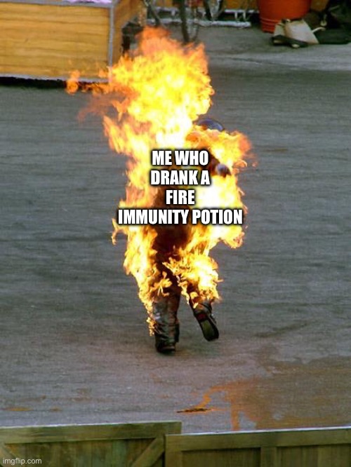 guy on fire | ME WHO DRANK A FIRE IMMUNITY POTION | image tagged in guy on fire | made w/ Imgflip meme maker