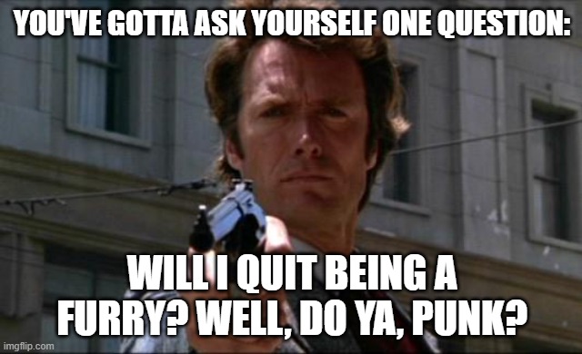 clint eastwood anti furry meme | YOU'VE GOTTA ASK YOURSELF ONE QUESTION:; WILL I QUIT BEING A FURRY? WELL, DO YA, PUNK? | image tagged in clint eastwood | made w/ Imgflip meme maker