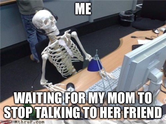 Waiting for mom | ME; WAITING FOR MY MOM TO STOP TALKING TO HER FRIEND | image tagged in waiting skeleton | made w/ Imgflip meme maker