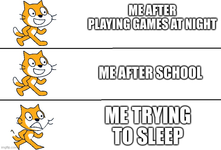 seriously, why? | ME AFTER PLAYING GAMES AT NIGHT; ME AFTER SCHOOL; ME TRYING TO SLEEP | image tagged in scratch | made w/ Imgflip meme maker