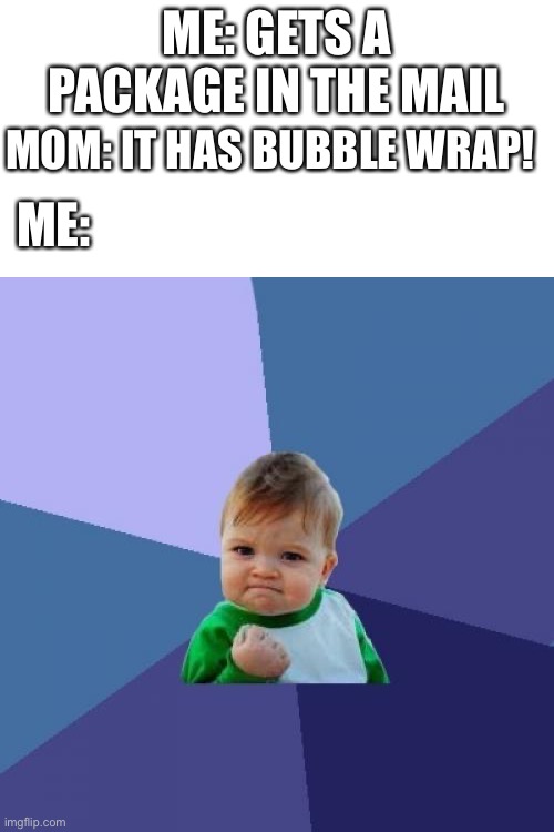 Yessssss I know everyone can relate to this | ME: GETS A PACKAGE IN THE MAIL; MOM: IT HAS BUBBLE WRAP! ME: | image tagged in memes,success kid | made w/ Imgflip meme maker