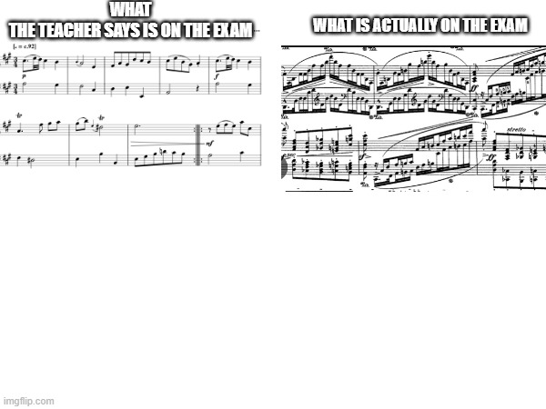 ExamsBeLike | WHAT THE TEACHER SAYS IS ON THE EXAM; WHAT IS ACTUALLY ON THE EXAM | image tagged in exams,exam,music,mozart,school,unhelpful teacher | made w/ Imgflip meme maker