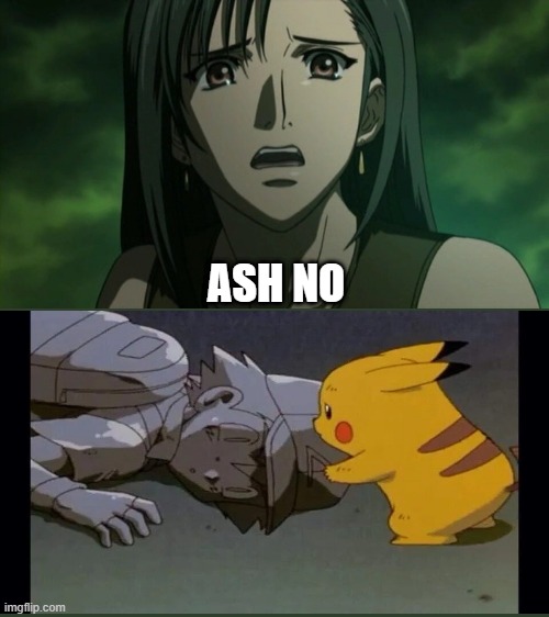 tifa crying at ash ketchum's death | ASH NO | image tagged in tifa crys,ash ketchum,pokemon,antifa,video games | made w/ Imgflip meme maker