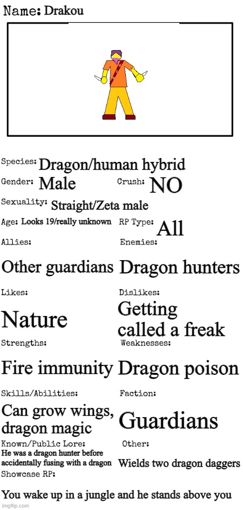 New OC showcase for RP stream | Drakou; Dragon/human hybrid; NO; Male; Straight/Zeta male; Looks 19/really unknown; All; Other guardians; Dragon hunters; Getting called a freak; Nature; Dragon poison; Fire immunity; Can grow wings, dragon magic; Guardians; He was a dragon hunter before accidentally fusing with a dragon; Wields two dragon daggers; You wake up in a jungle and he stands above you | image tagged in new oc showcase for rp stream | made w/ Imgflip meme maker