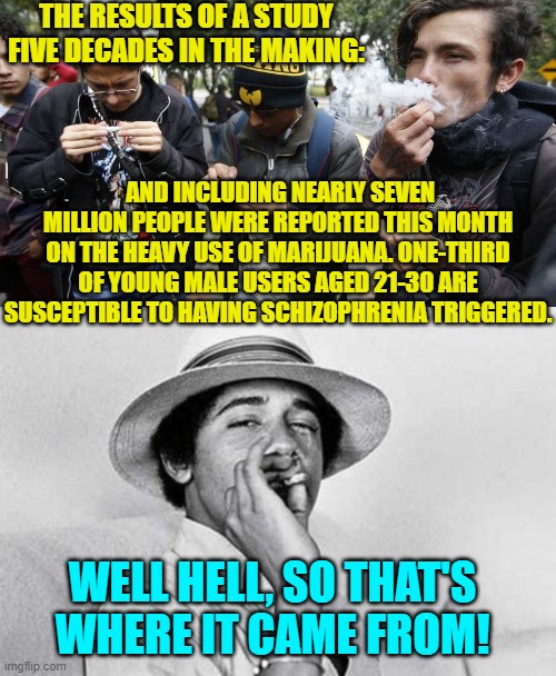 Barack Obama was a member of the 'choom gang' in high school. | THE RESULTS OF A STUDY FIVE DECADES IN THE MAKING:; AND INCLUDING NEARLY SEVEN MILLION PEOPLE WERE REPORTED THIS MONTH ON THE HEAVY USE OF MARIJUANA. ONE-THIRD OF YOUNG MALE USERS AGED 21-30 ARE SUSCEPTIBLE TO HAVING SCHIZOPHRENIA TRIGGERED. WELL HELL, SO THAT'S WHERE IT CAME FROM! | image tagged in yep | made w/ Imgflip meme maker