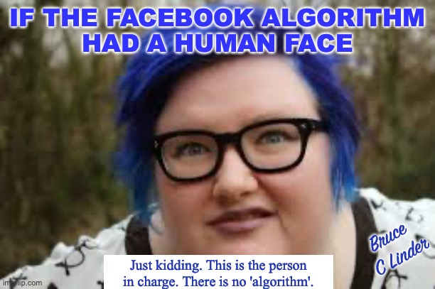 FB Algorithm | IF THE FACEBOOK ALGORITHM
HAD A HUMAN FACE; Bruce 
C Linder; Just kidding. This is the person in charge. There is no 'algorithm'. | image tagged in facebook,algorithm,ai face | made w/ Imgflip meme maker