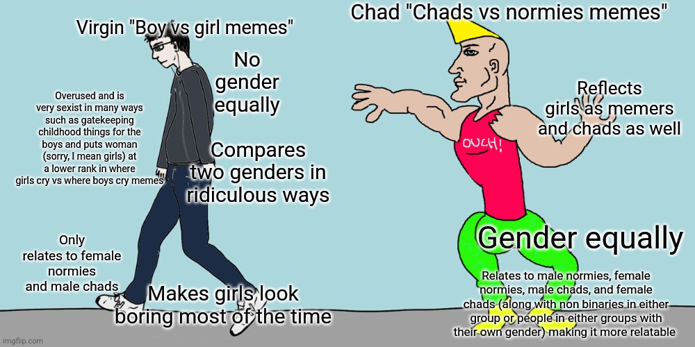 Why not use chads vs normies memes | Chad "Chads vs normies memes"; Virgin "Boy vs girl memes"; No gender equally; Overused and is very sexist in many ways such as gatekeeping childhood things for the boys and puts woman (sorry, I mean girls) at a lower rank in where girls cry vs where boys cry memes; Reflects girls as memers and chads as well; Compares two genders in ridiculous ways; Gender equally; Only relates to female normies and male chads; Makes girls look boring most of the time; Relates to male normies, female normies, male chads, and female chads (along with non binaries in either group or people in either groups with their own gender) making it more relatable | image tagged in boys vs girls,girls vs boys,memes,chad,vs,normies | made w/ Imgflip meme maker