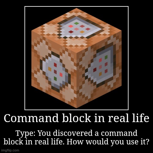 Command block in real life, Minecraft | Command block in real life | Type: You discovered a command block in real life. How would you use it? | image tagged in funny,demotivationals,minecraft | made w/ Imgflip demotivational maker