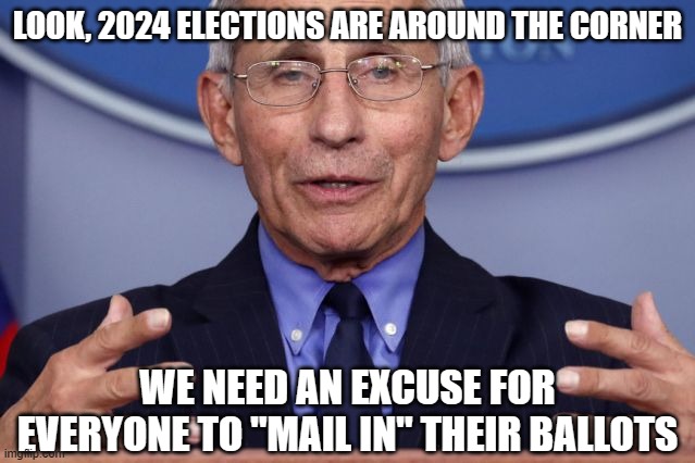 Dr. Anthony fauci | LOOK, 2024 ELECTIONS ARE AROUND THE CORNER WE NEED AN EXCUSE FOR EVERYONE TO "MAIL IN" THEIR BALLOTS | image tagged in dr anthony fauci | made w/ Imgflip meme maker