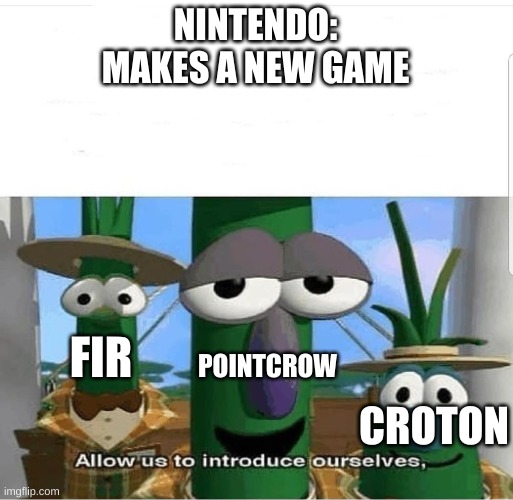 Bro STOP SPEEDRUNNING(GAS GAS GAS) | NINTENDO:
MAKES A NEW GAME; POINTCROW; FIR; CROTON | image tagged in allow us to introduce ourselves | made w/ Imgflip meme maker