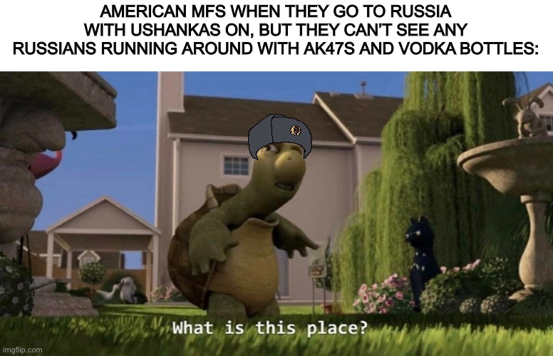 Idk | AMERICAN MFS WHEN THEY GO TO RUSSIA WITH USHANKAS ON, BUT THEY CAN’T SEE ANY RUSSIANS RUNNING AROUND WITH AK47S AND VODKA BOTTLES: | image tagged in what is this place | made w/ Imgflip meme maker