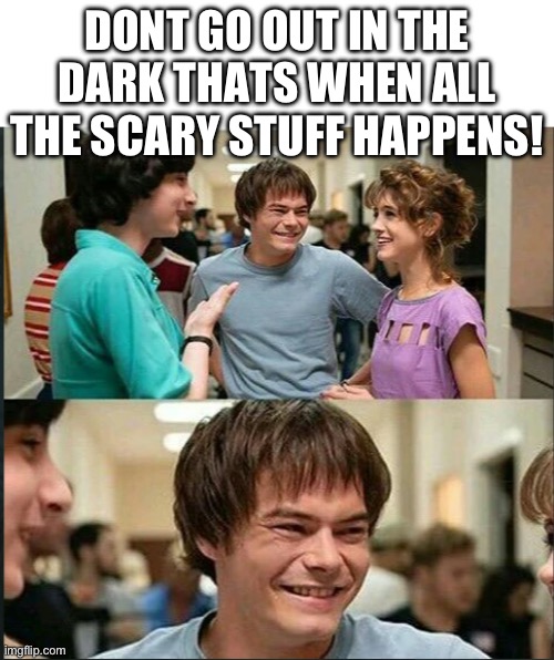 If you know you know | DONT GO OUT IN THE DARK THATS WHEN ALL THE SCARY STUFF HAPPENS! | image tagged in stranger things | made w/ Imgflip meme maker