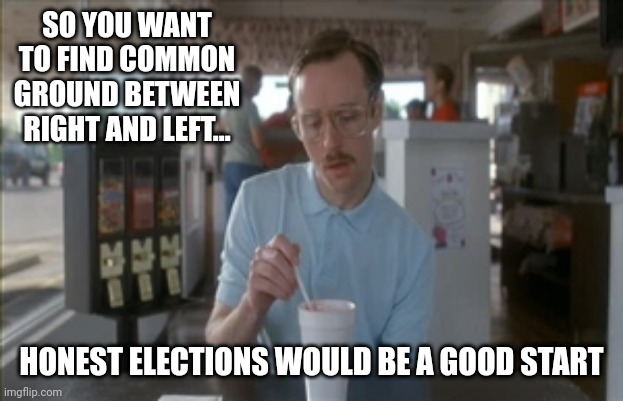 So I Guess You Can Say Things Are Getting Pretty Serious Meme | SO YOU WANT TO FIND COMMON GROUND BETWEEN RIGHT AND LEFT... HONEST ELECTIONS WOULD BE A GOOD START | image tagged in memes,so i guess you can say things are getting pretty serious | made w/ Imgflip meme maker