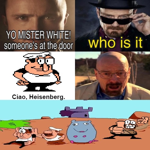 I drew all that shit for a silly meme (Ciao meaning hello in Italian) | Ciao, Heisenberg. | image tagged in yo mister white someone s at the door | made w/ Imgflip meme maker