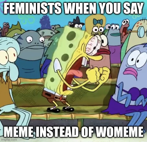 memememememes yes | FEMINISTS WHEN YOU SAY; MEME INSTEAD OF WOMEME | image tagged in spongebob yelling | made w/ Imgflip meme maker