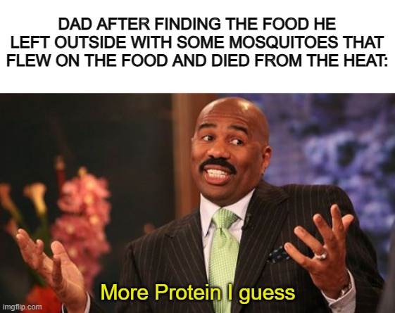 I heard some people do this, and that's... gross T-T | DAD AFTER FINDING THE FOOD HE LEFT OUTSIDE WITH SOME MOSQUITOES THAT FLEW ON THE FOOD AND DIED FROM THE HEAT:; More Protein I guess | image tagged in blank white template,memes,steve harvey | made w/ Imgflip meme maker
