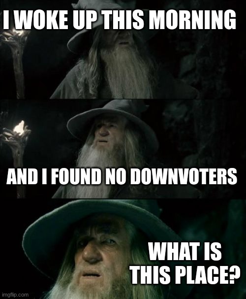 things | I WOKE UP THIS MORNING; AND I FOUND NO DOWNVOTERS; WHAT IS THIS PLACE? | image tagged in memes,confused gandalf | made w/ Imgflip meme maker