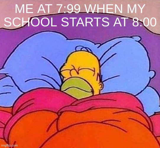 7:99 | ME AT 7:99 WHEN MY SCHOOL STARTS AT 8:00 | image tagged in homer simpson sleeping peacefully | made w/ Imgflip meme maker