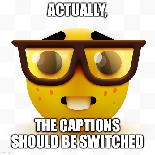 Nerd emoji | ACTUALLY, THE CAPTIONS SHOULD BE SWITCHED | image tagged in nerd emoji | made w/ Imgflip meme maker
