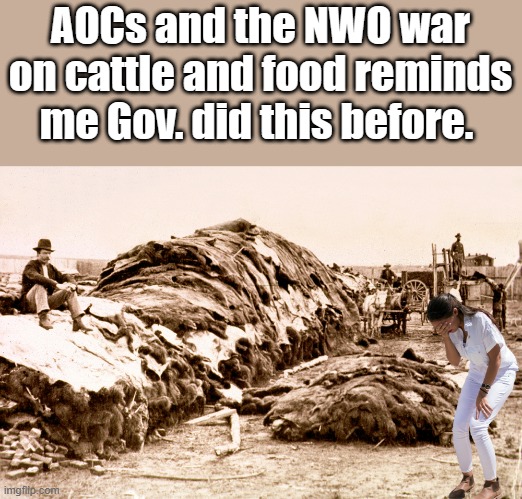 MAKE the people you want to conquer weak | AOCs and the NWO war on cattle and food reminds me Gov. did this before. | made w/ Imgflip meme maker