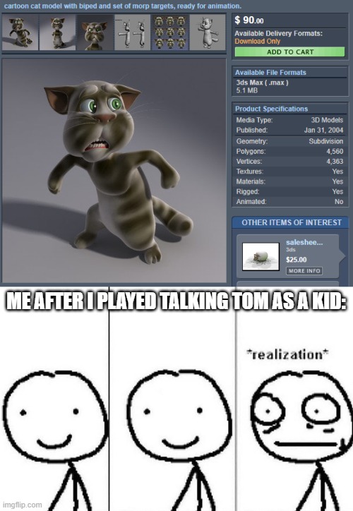My childhood was a lie | ME AFTER I PLAYED TALKING TOM AS A KID: | image tagged in realization,childhood,talking tom,lies | made w/ Imgflip meme maker