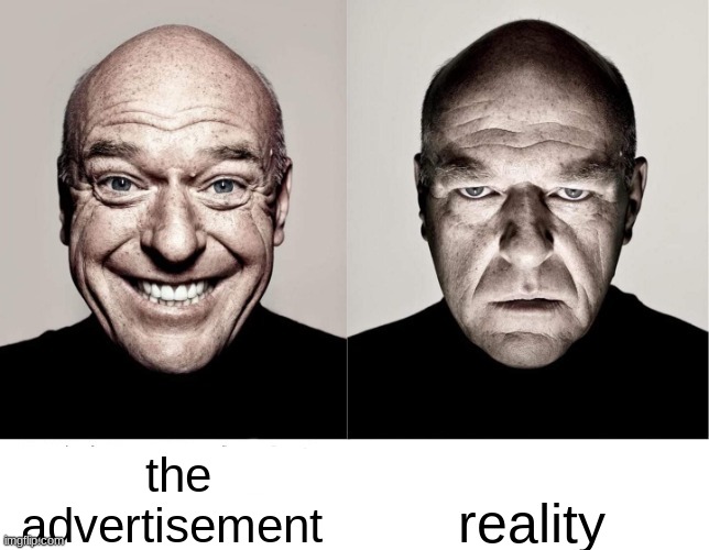 true story (IM BACK BTW) | the advertisement; reality | image tagged in breaking bad smile frown,expectation vs reality,advertisement,reality,funny | made w/ Imgflip meme maker