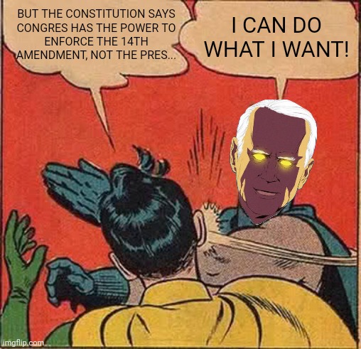 Batman Slapping Robin Meme | BUT THE CONSTITUTION SAYS
 CONGRES HAS THE POWER TO 
ENFORCE THE 14TH AMENDMENT, NOT THE PRES... I CAN DO WHAT I WANT! | image tagged in memes,batman slapping robin | made w/ Imgflip meme maker