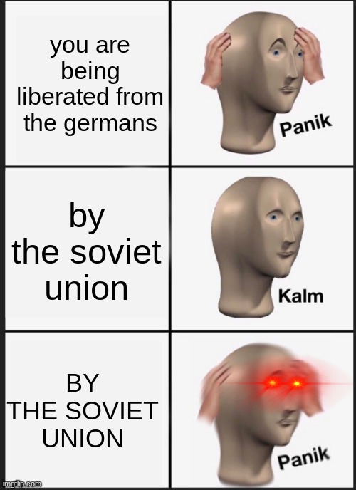 if it ain't the USA it's the soviets | you are being liberated from the germans; by the soviet union; BY THE SOVIET UNION | image tagged in panik calm panik | made w/ Imgflip meme maker