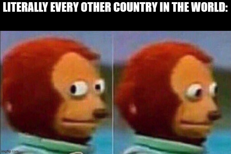Monkey looking away | LITERALLY EVERY OTHER COUNTRY IN THE WORLD: | image tagged in monkey looking away | made w/ Imgflip meme maker