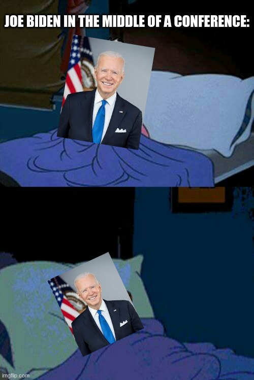Average biden conferance | JOE BIDEN IN THE MIDDLE OF A CONFERENCE: | image tagged in sleepy donald duck in bed | made w/ Imgflip meme maker