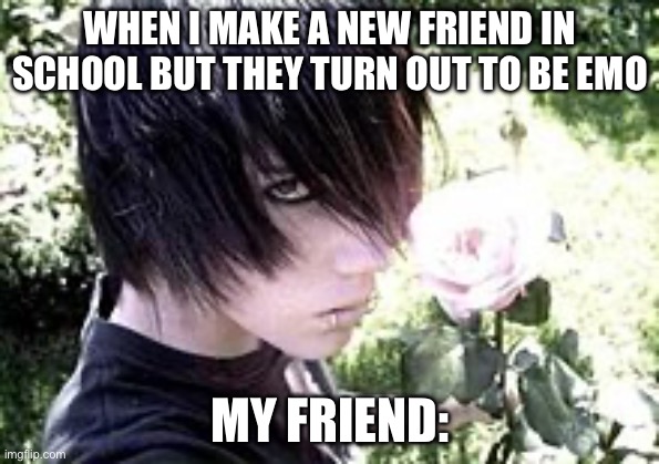 A random emo request from _SAPNAP_ | WHEN I MAKE A NEW FRIEND IN SCHOOL BUT THEY TURN OUT TO BE EMO; MY FRIEND: | image tagged in memes | made w/ Imgflip meme maker