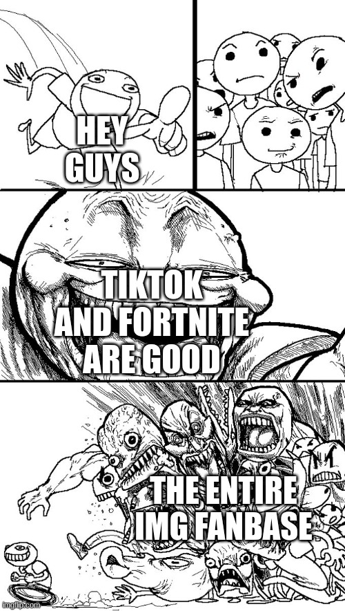 They are good just that some people that use it are annoying | HEY GUYS; TIKTOK AND FORTNITE ARE GOOD; THE ENTIRE IMG FANBASE | image tagged in hey guys | made w/ Imgflip meme maker