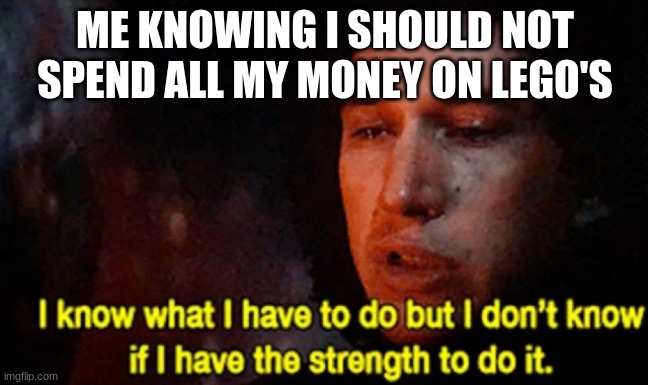 I know what I have to do but I don’t know if I have the strength | ME KNOWING I SHOULD NOT SPEND ALL MY MONEY ON LEGO'S | image tagged in i know what i have to do but i don t know if i have the strength | made w/ Imgflip meme maker